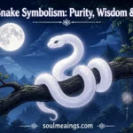 A white snake resting on a branch under moonlight.