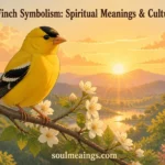 A yellow finch sitting on a flowering tree branch in warm morning light.