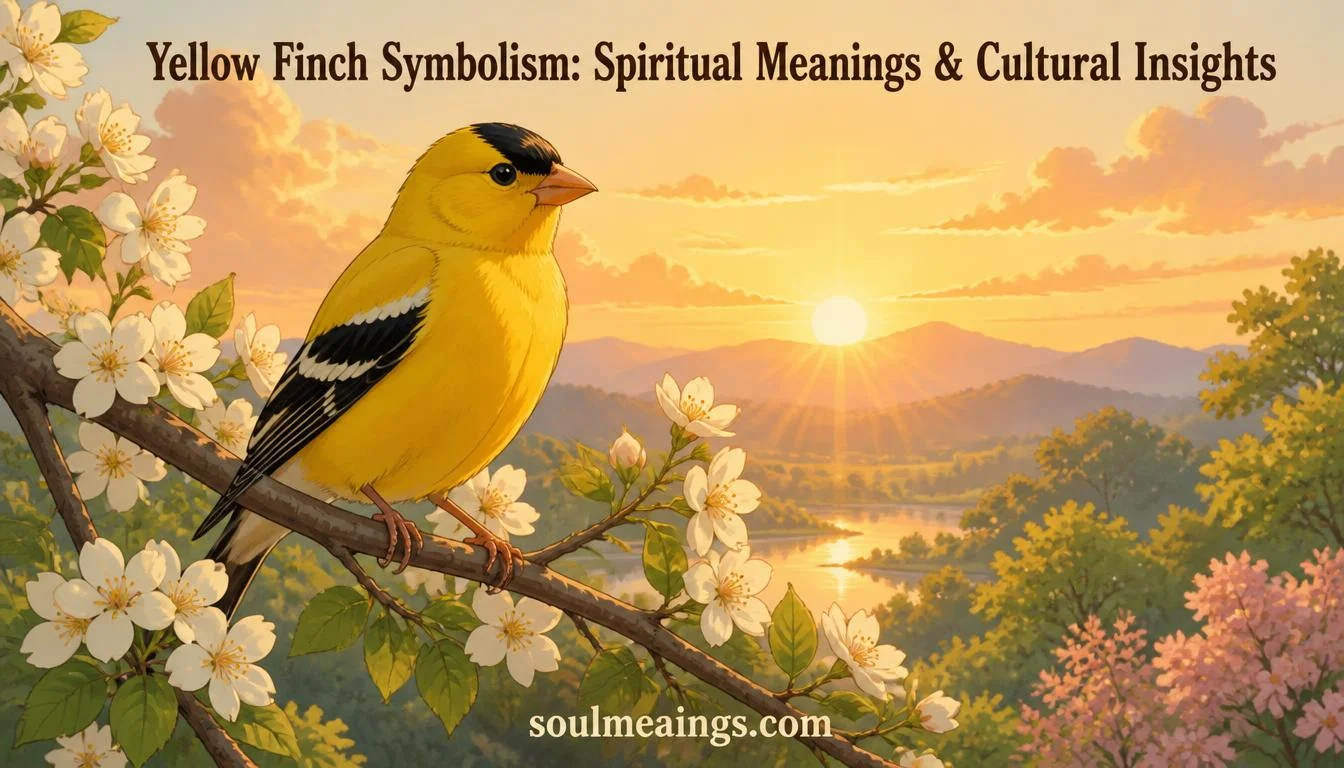 A yellow finch sitting on a flowering tree branch in warm morning light.