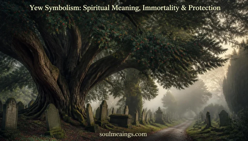 Ancient yew tree in a peaceful cemetery symbolizing immortality and protection.